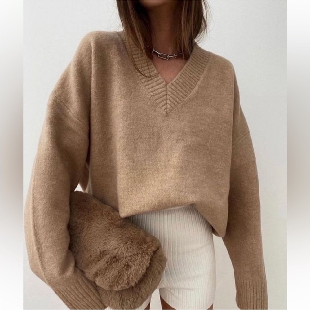 Zara Alpaca Wool blend v-neck knit tan brown long sleeve sweater Sz.L-XL
